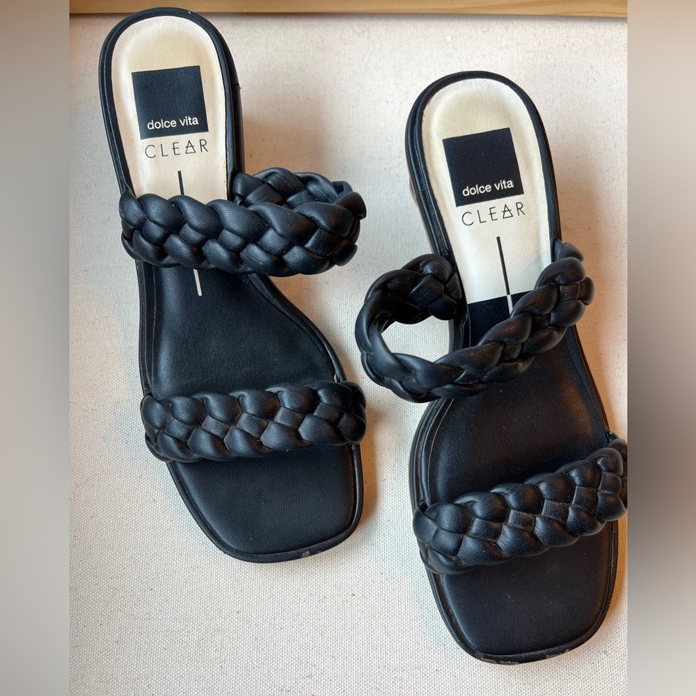DOLCE VITA Black Braided Strap Block Heel Square Toe Sandals